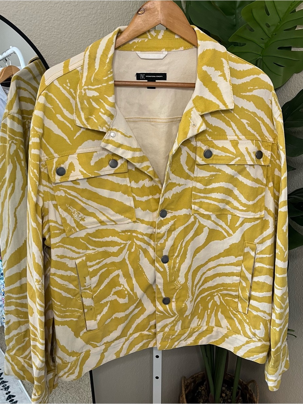 💛 INC Mustard Zebra Print Denim Jacket Sz XL